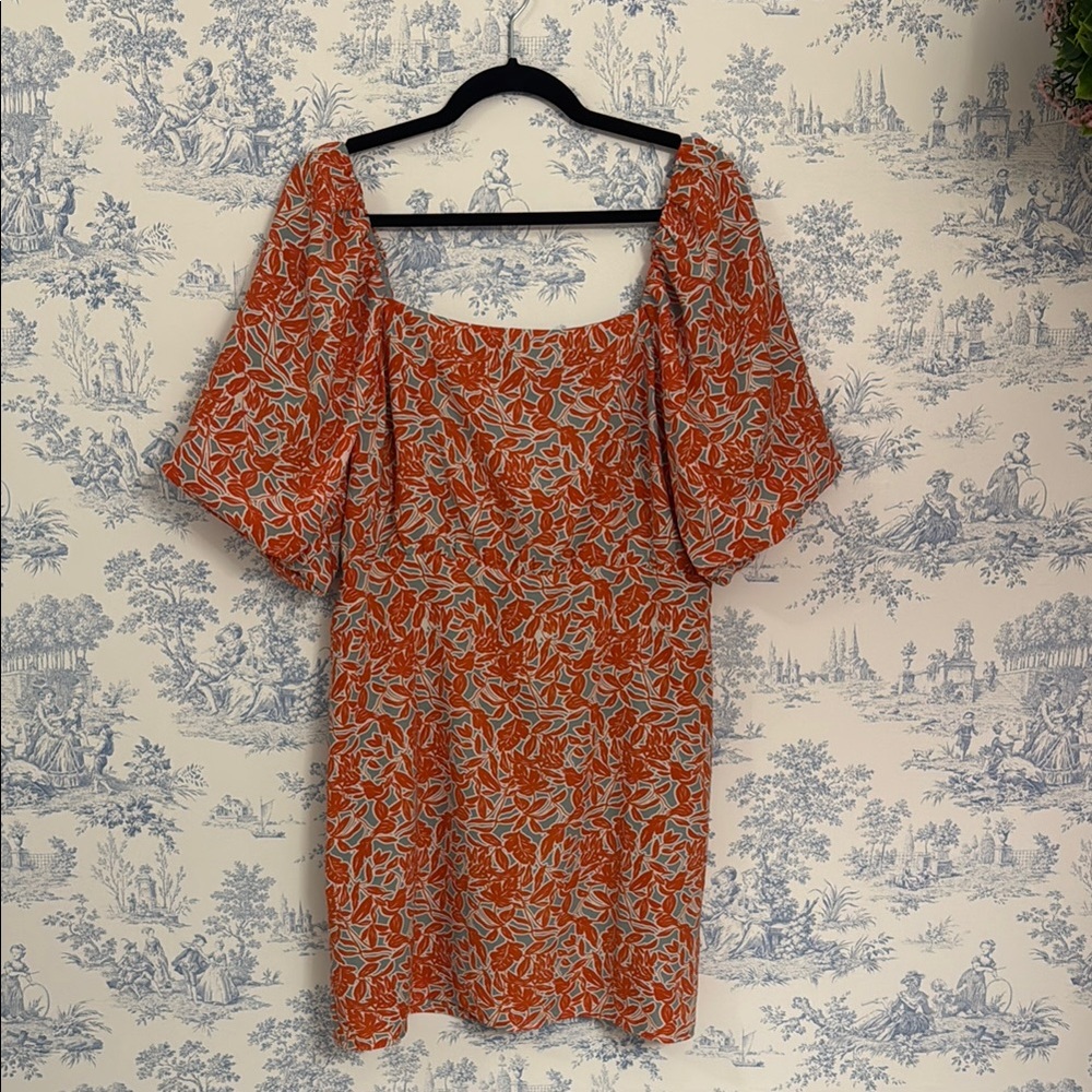 Orange Floral Dress with Puff Sleeves
